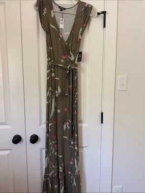 Express Olive Floral Wrap Maxi Dress with Pink Accents